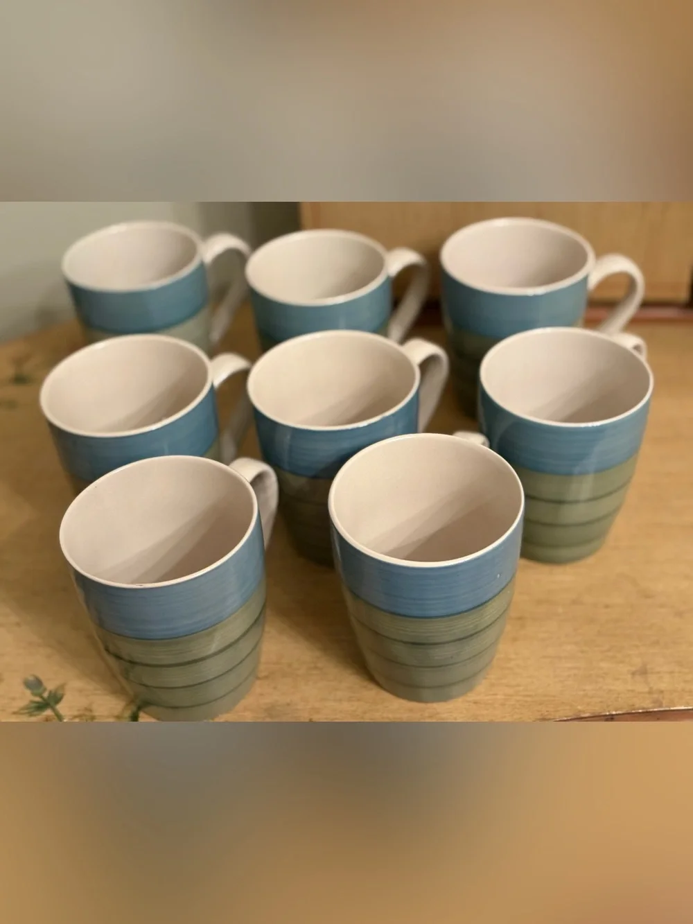 Set of 8 pier 1 Imports PER118 coffee mugs hand-painted blue and green stripe.
